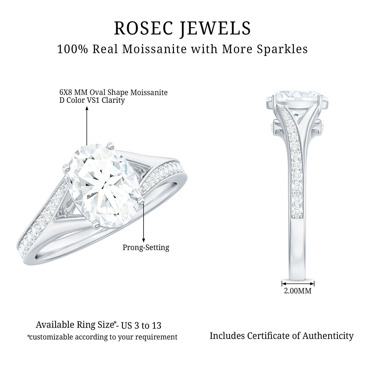 6x8mm Oval Cut Moissanite Solitaire Engagement Ring with Split Shank