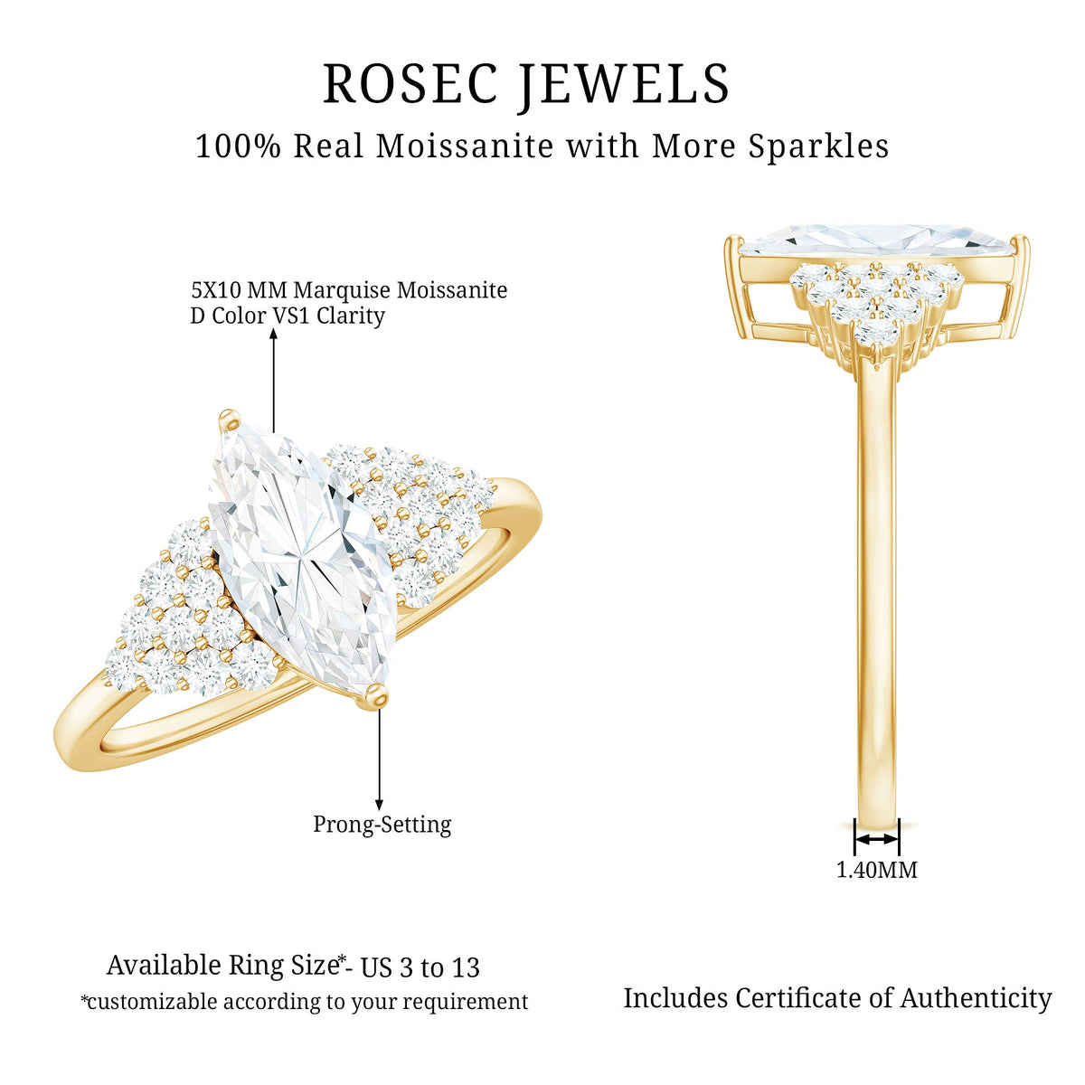 5X10mm Marquise Cut Moissanite Classic Engagement Ring