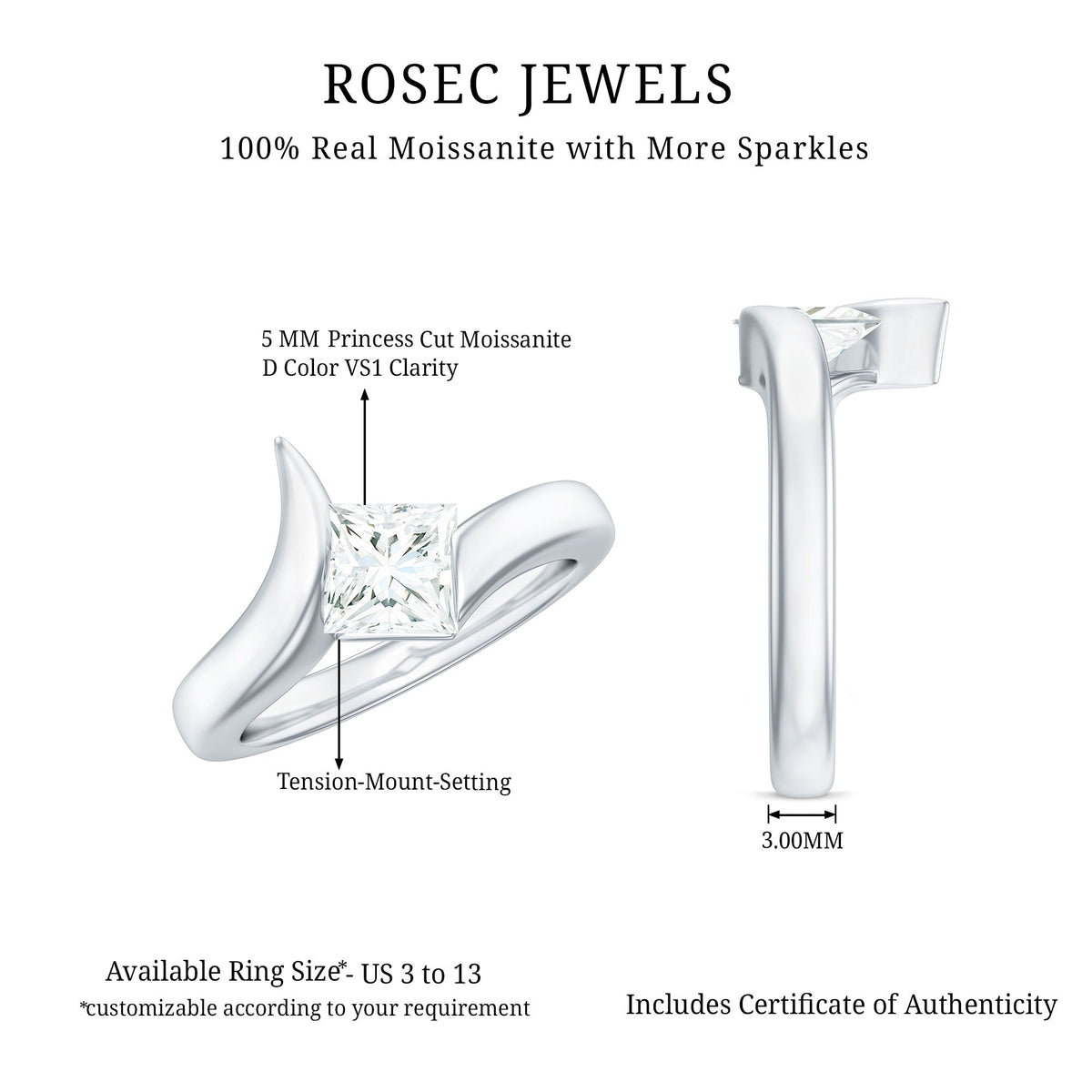 5mm Princess Cut Moissanite Solitaire Ring in Tension Setting