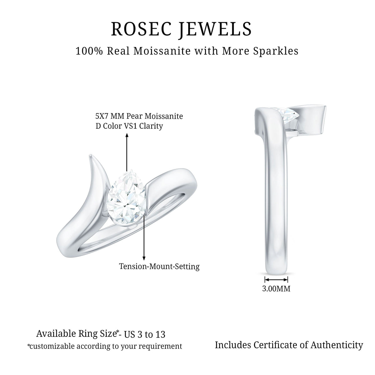 5X7mm Pear Cut Moissanite Solitaire Ring with Bypass Shank