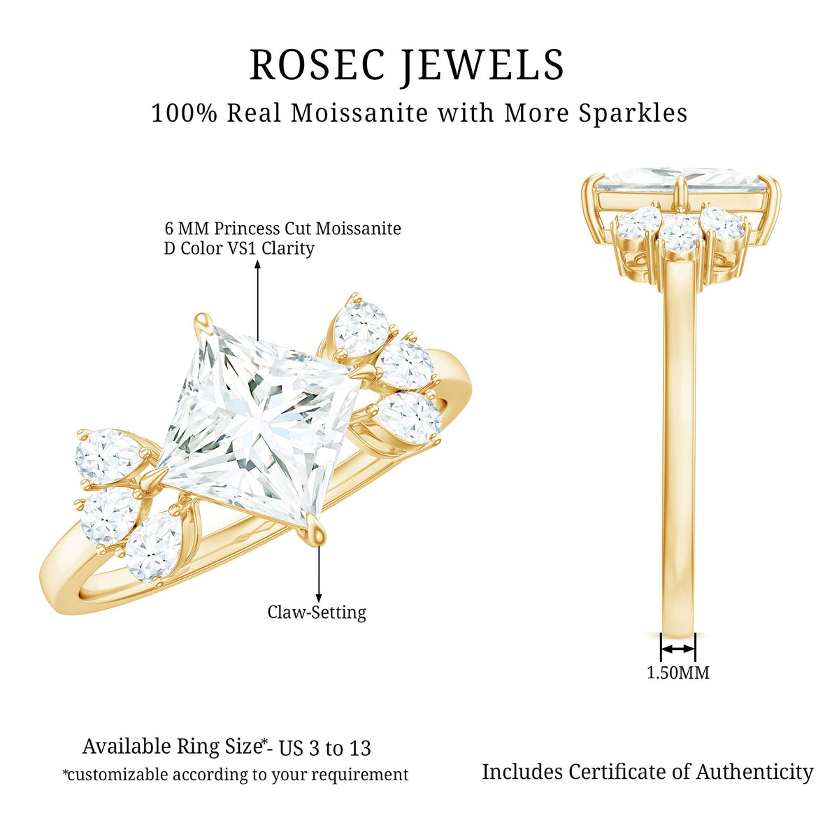 6 mm Princess Cut Moissanite Cluster Engagement Ring