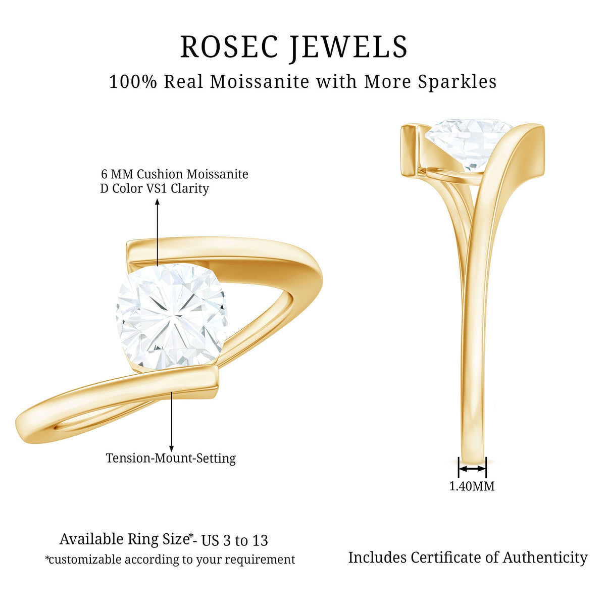6 mm Cushion Cut Moissanite Solitaire Engagement Ring