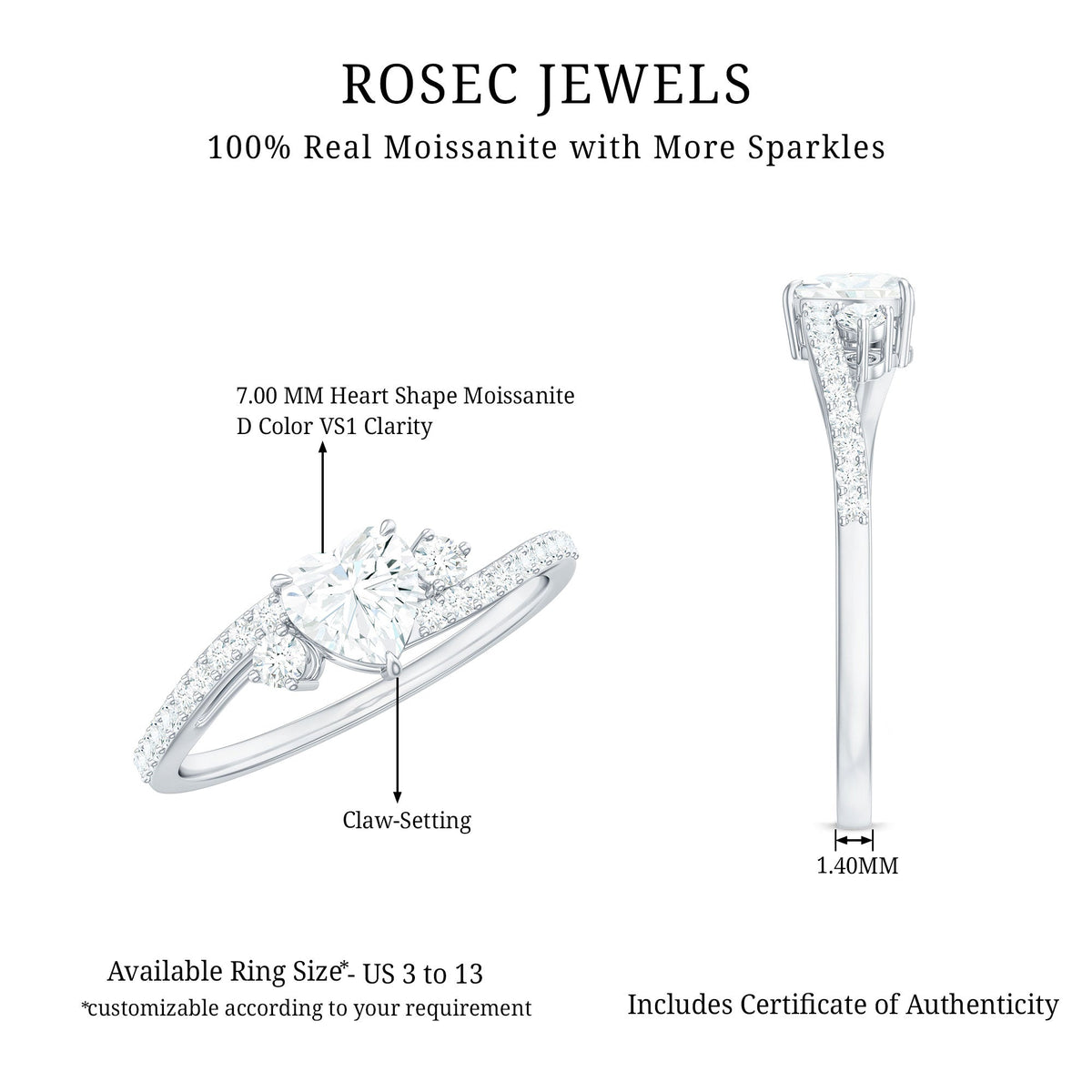 Heart Shape Moissanite Bypass Engagement Ring for Her