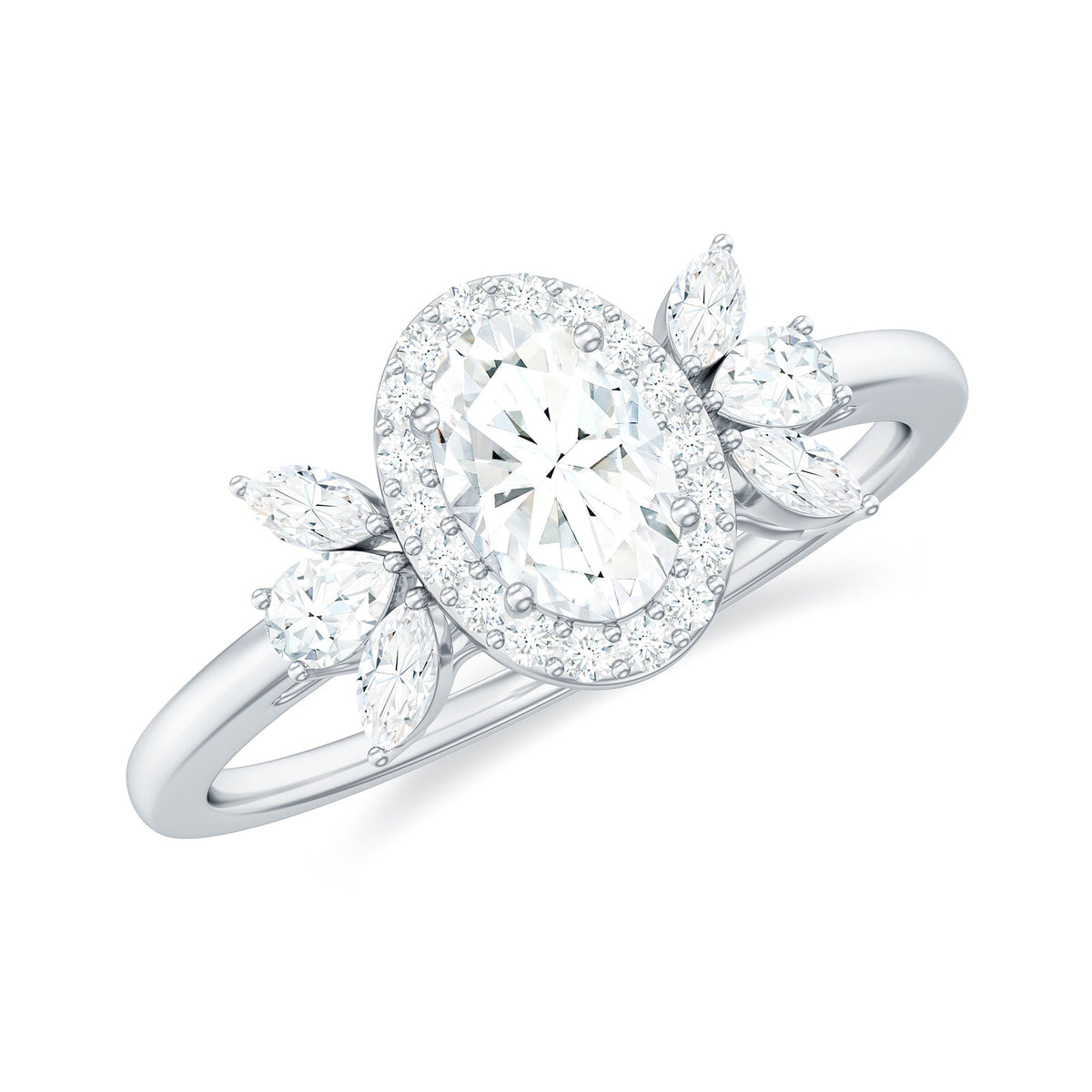 4x6mm Oval Cut Moissanite Halo Engagement Ring with Trio