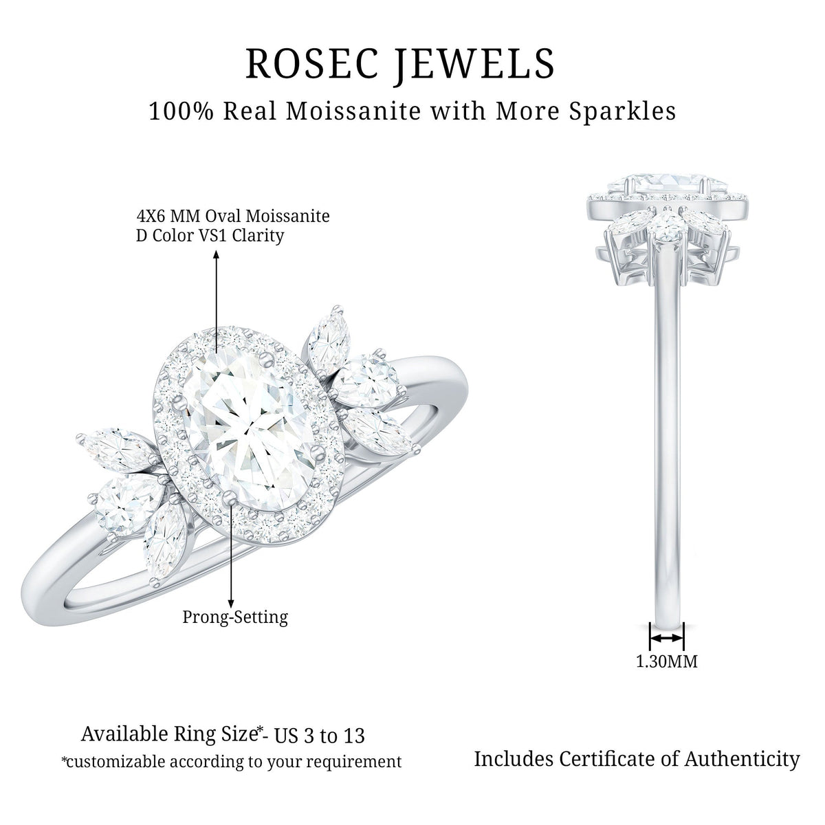 4x6mm Oval Cut Moissanite Halo Engagement Ring with Trio