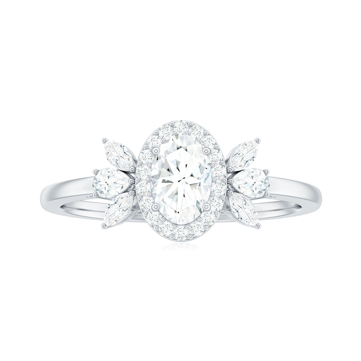 4x6mm Oval Cut Moissanite Halo Engagement Ring with Trio