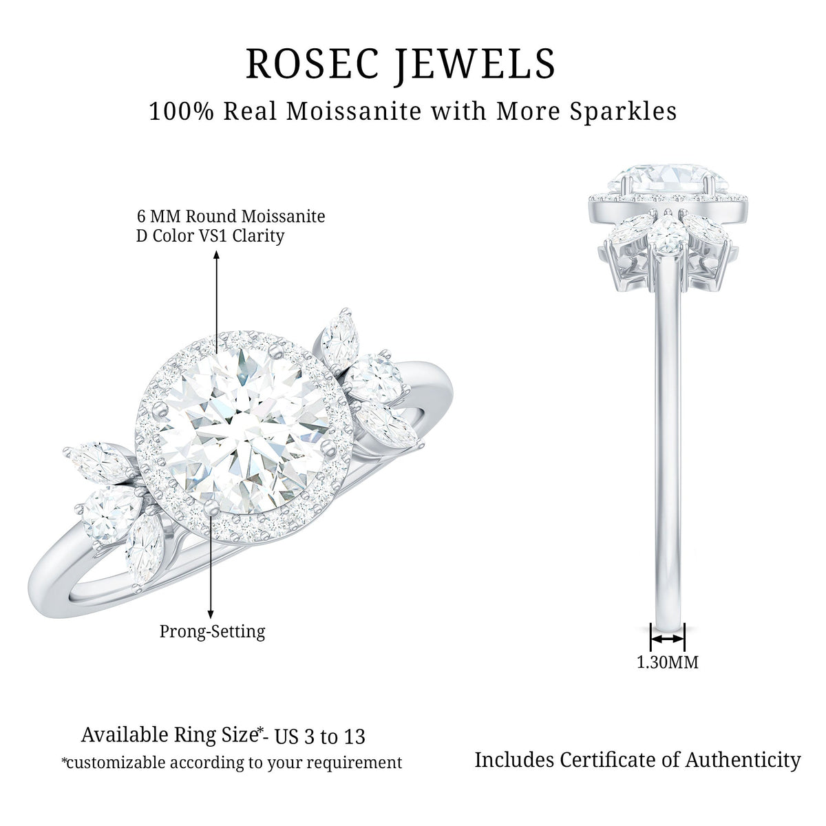 6mm Round Shape Moissanite Designer Halo Engagement Ring