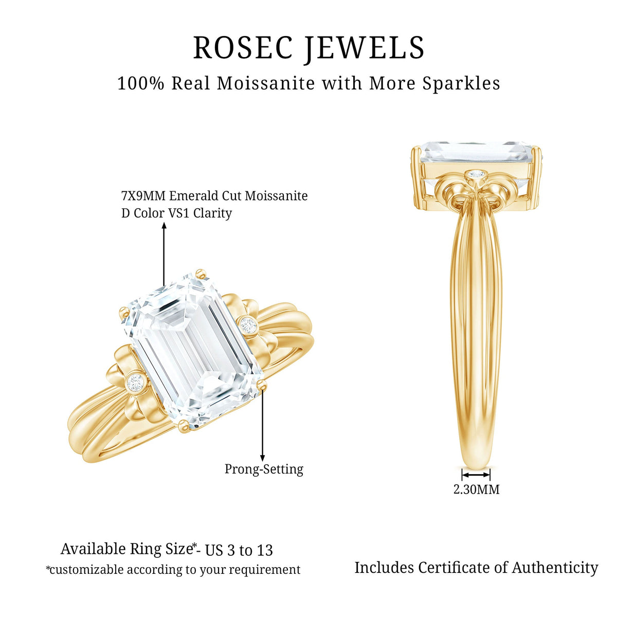 Certified Emerald Cut Moissanite Huge Engagement Ring