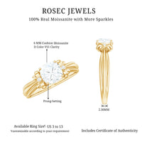 6mm Cushion Cut Moissanite Designer Solitaire Ring with Engraved Shank