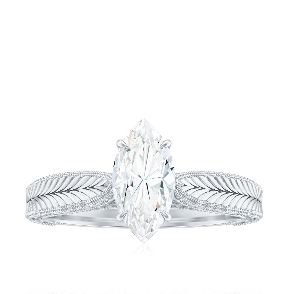 5x10mm Moissanite Marquise Engagement Ring with Leaf Engraved Shank