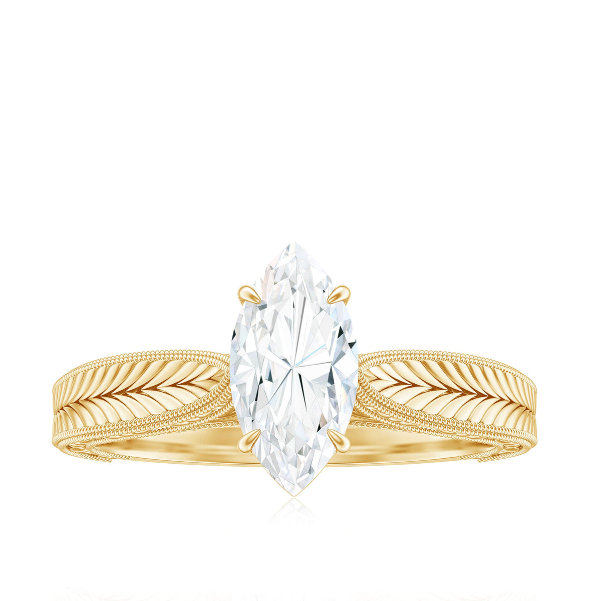 5x10mm Moissanite Marquise Engagement Ring with Leaf Engraved Shank