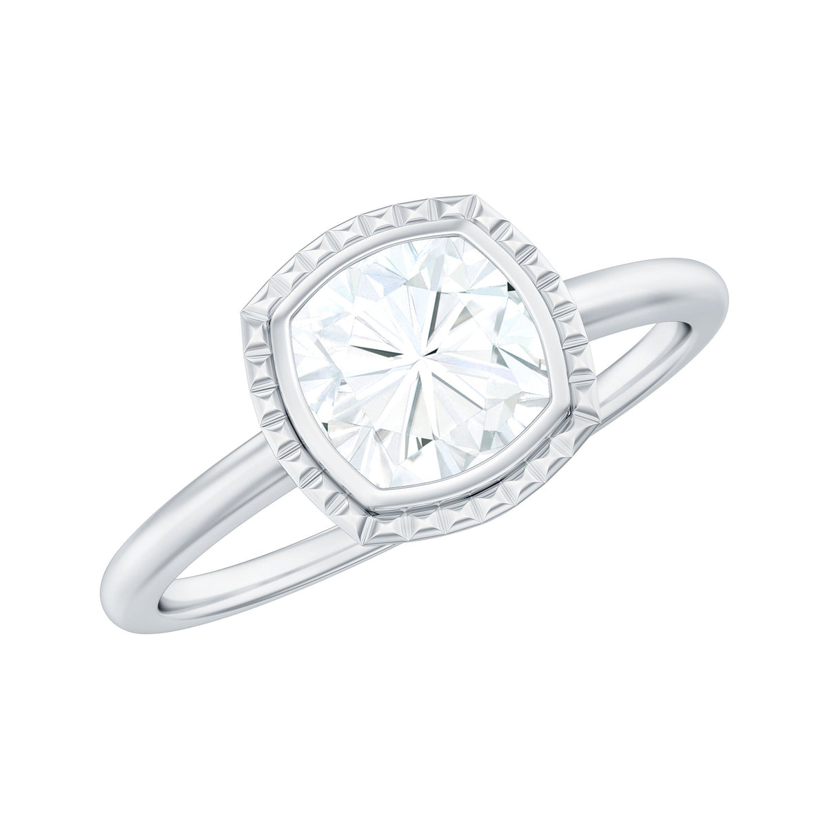 6mm Cushion Cut Moissanite Solitaire Ring in Bezel Setting