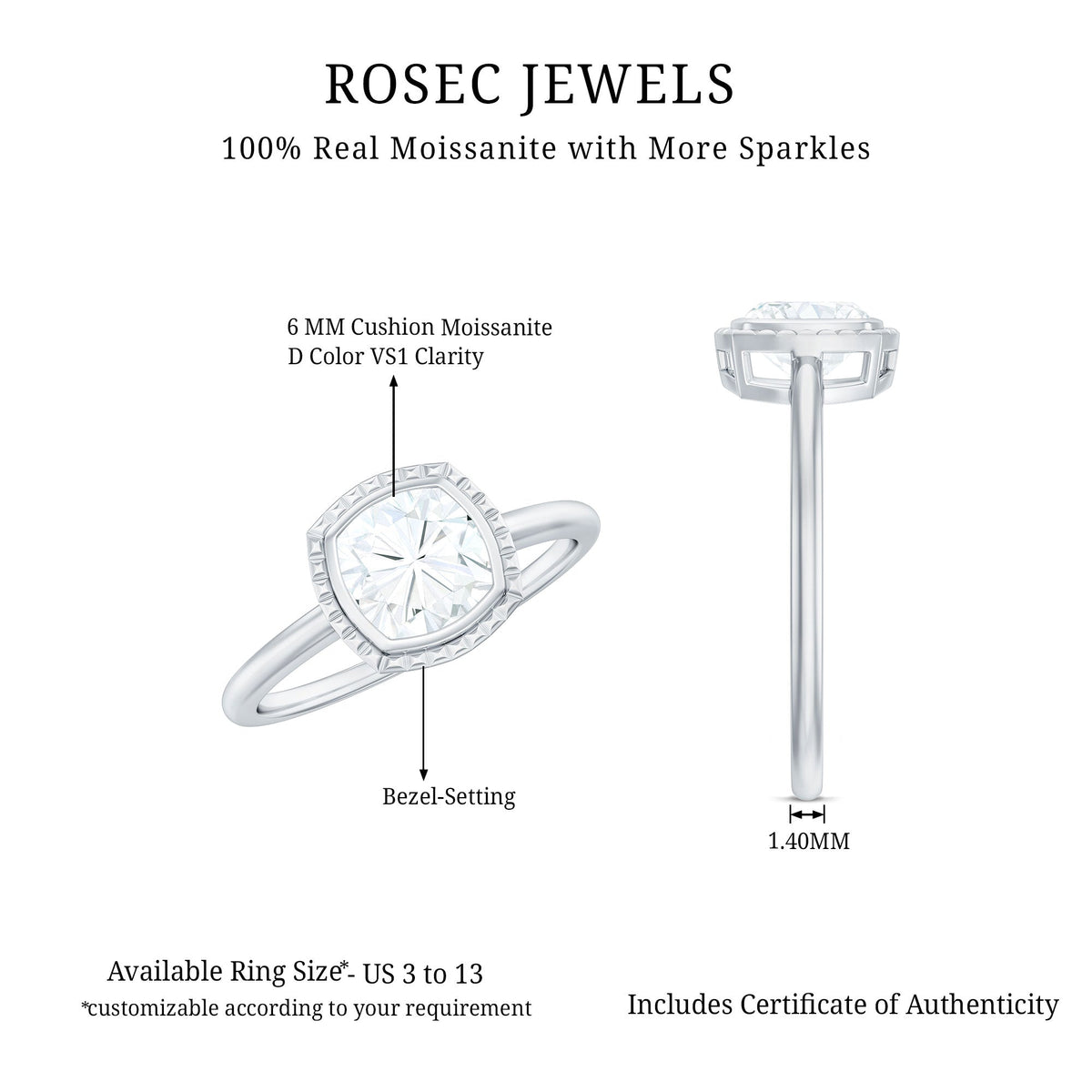 6mm Cushion Cut Moissanite Solitaire Ring in Bezel Setting