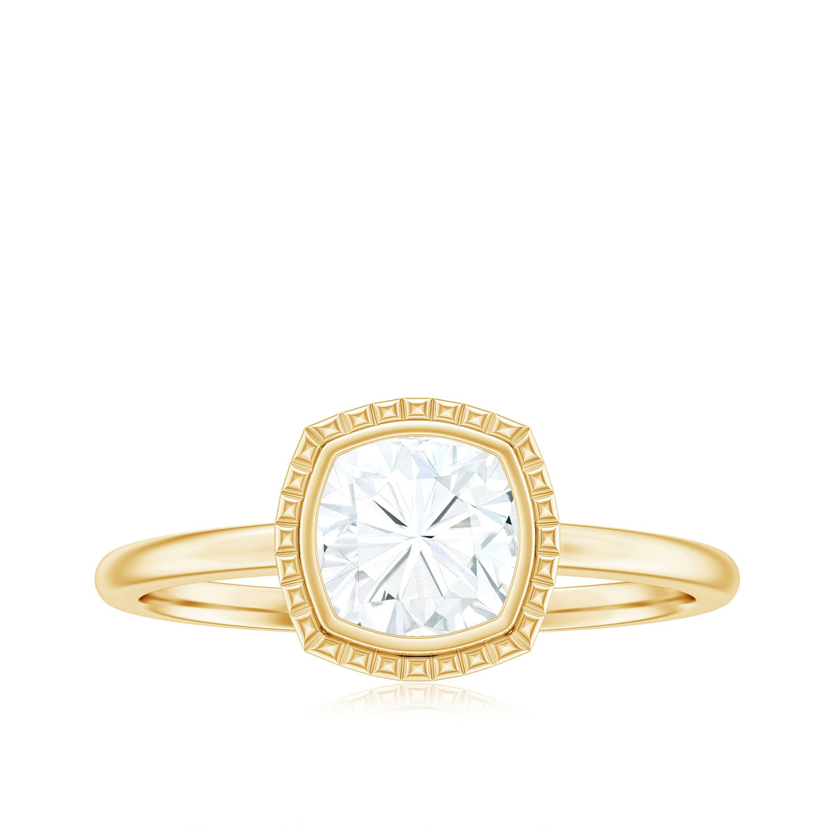 6mm Cushion Cut Moissanite Solitaire Ring in Bezel Setting