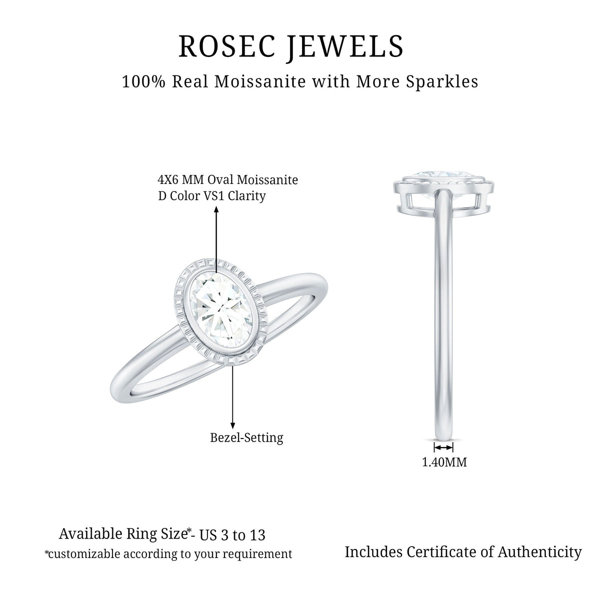 4X6mm Oval Cut Moissanite Solitaire Ring in Bezel Setting