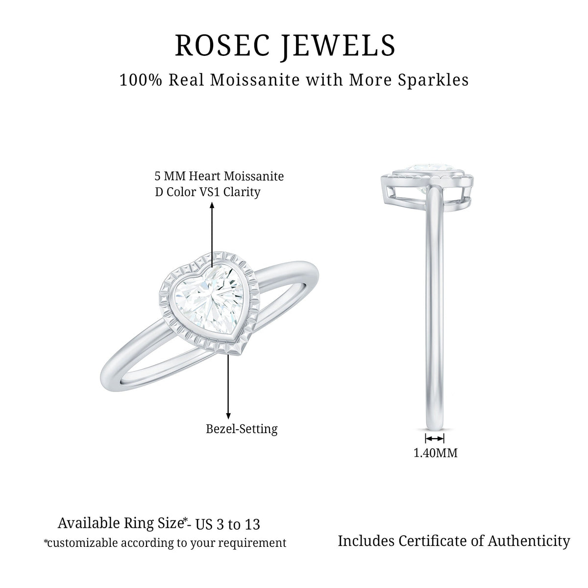 5mm Moissanite Heart Promise Ring in Bezel Setting