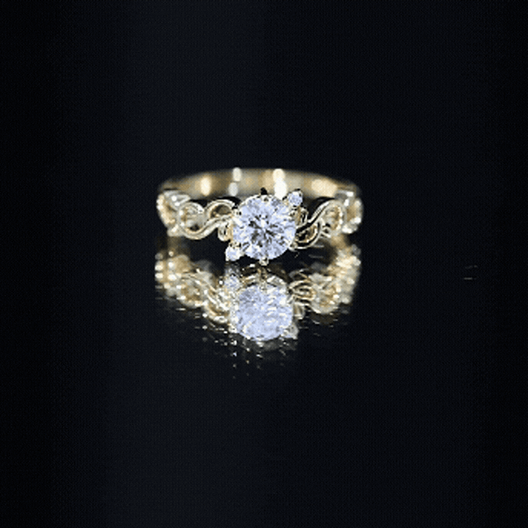 Yellow lab grown diamond Art Deco engagement ring from Rosec Jewels with intricate geometric design and sparkling stones.