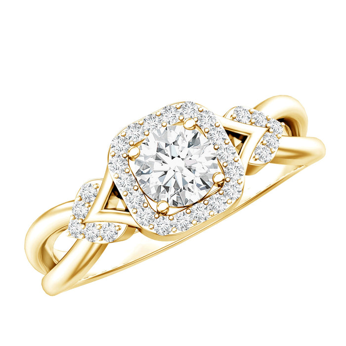 Lab grown diamond halo engagement ring by Rosec Jewels featuring a central diamond surrounded by a sparkling halo setting.