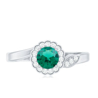Nature Inspired Lab Grown Emerald Promise Ring with Diamond Halo