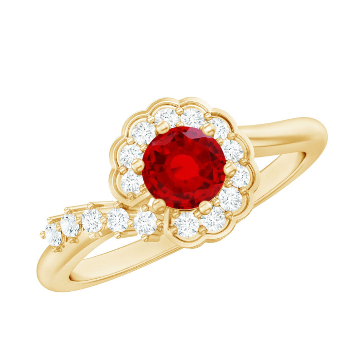 Lab-created ruby and diamond flower engagement ring by Rosec Jewels with intricate floral design and sparkling gemstones.