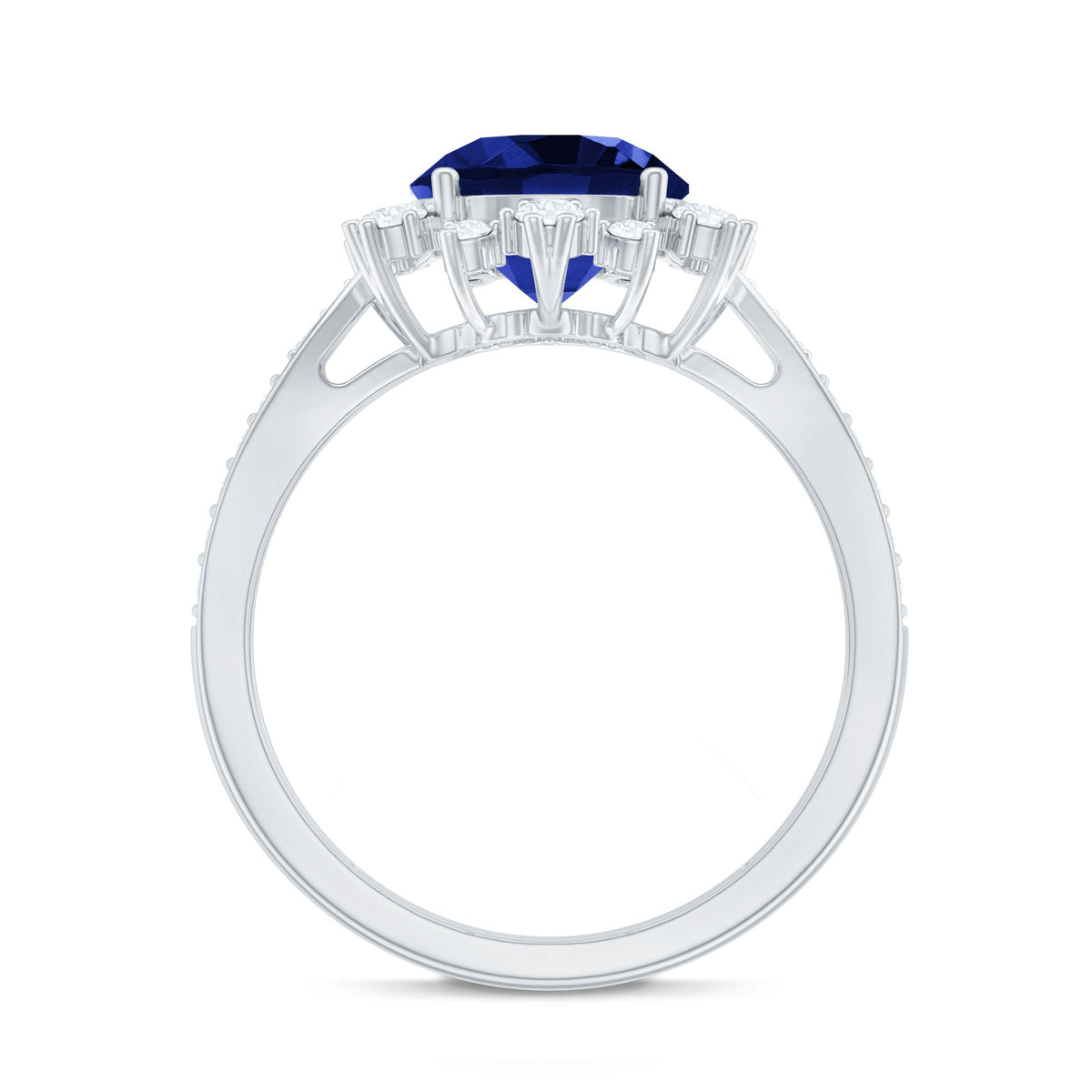 Lab Grown Blue Sapphire Round Engagement Ring with Diamond Accent