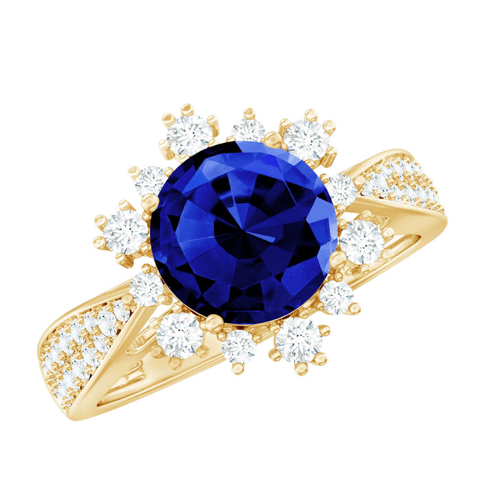 Lab grown blue sapphire round engagement ring with diamond accents by Rosec Jewels, showcasing a sparkling blue gemstone and elegant design.