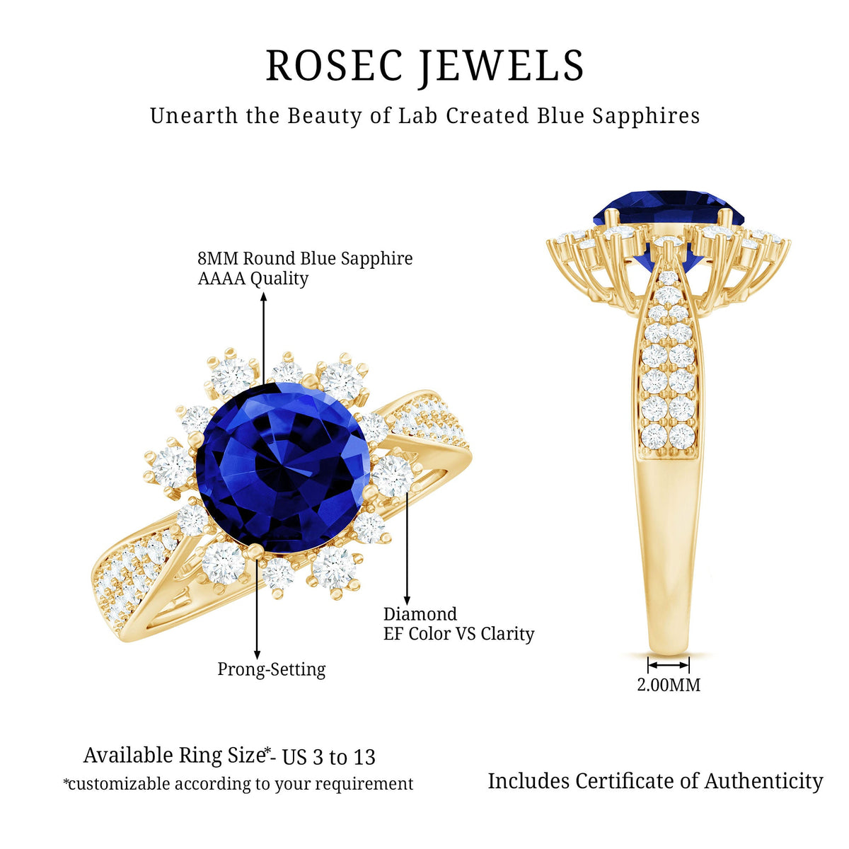 Lab Grown Blue Sapphire Round Engagement Ring with Diamond Accent