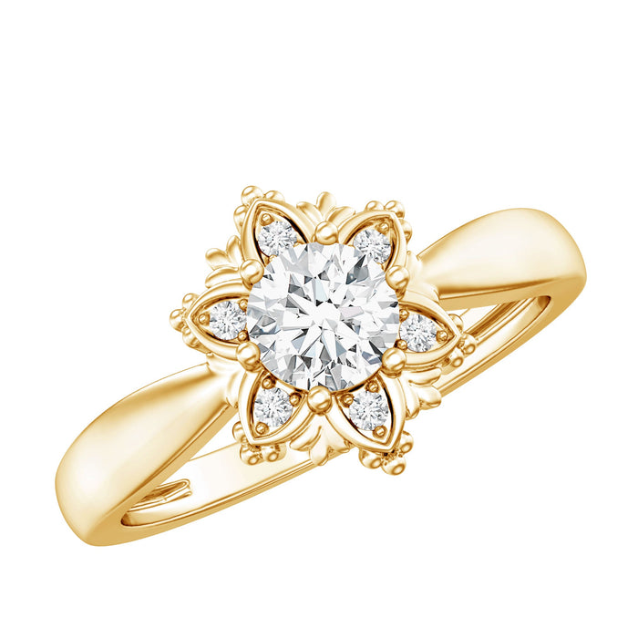 Lab grown diamond floral engagement ring for women by Rosec Jewels, featuring intricate floral design and sparkling diamonds.