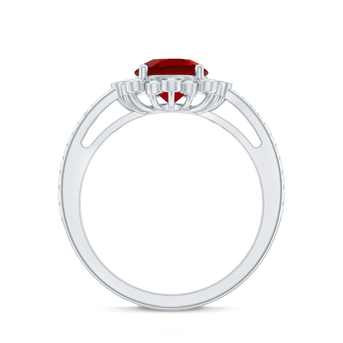 Vintage Style Lab Created Ruby and Diamond Halo Engagement Ring