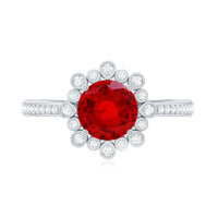 Vintage Style Lab Created Ruby and Diamond Halo Engagement Ring