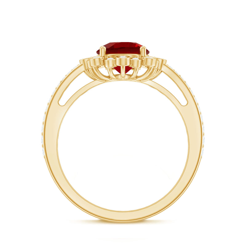 Vintage Style Lab Created Ruby and Diamond Halo Engagement Ring