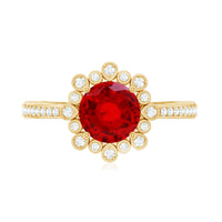 Vintage Style Lab Created Ruby and Diamond Halo Engagement Ring