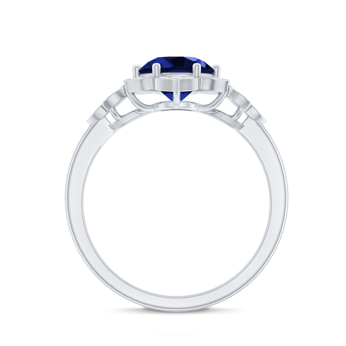 Round Created Blue Sapphire Flower Engagement Ring with Diamond