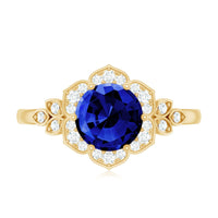 Round Created Blue Sapphire Flower Engagement Ring with Diamond