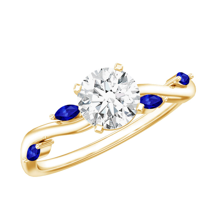 Certified lab-grown diamond engagement ring with a sapphire accent, featuring a polished silver band and intricate design.