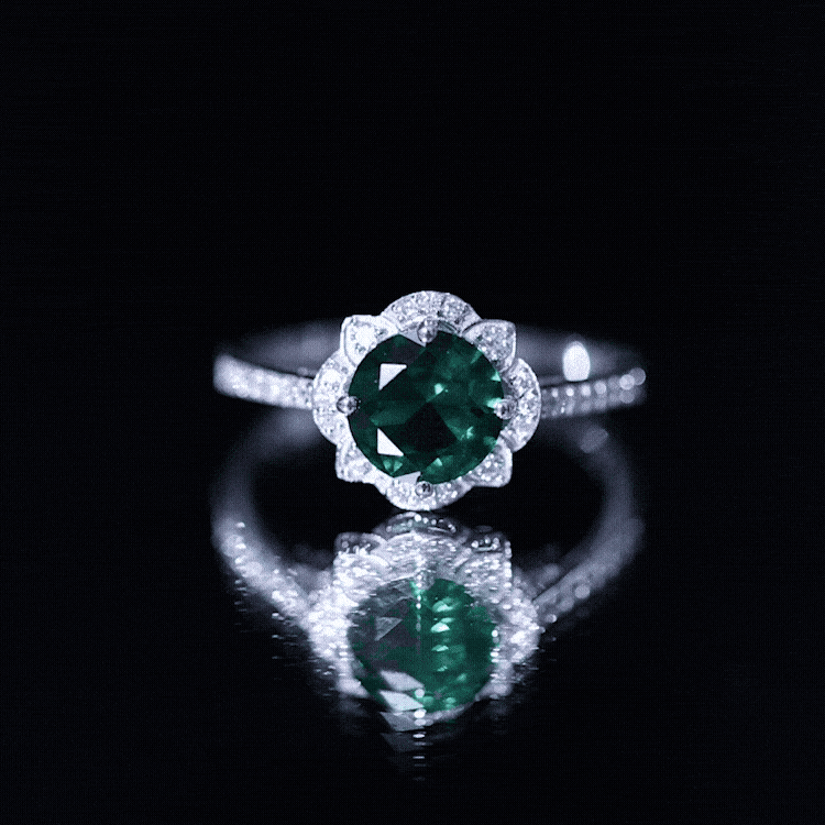 Lab grown emerald engagement ring with vintage style, accented with diamonds, featuring a 2-carat yellow emerald from Rosec Jewels.