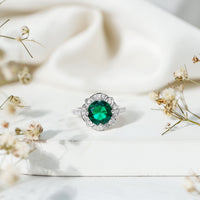 2 Carat Lab Grown Emerald Vintage Inspired Engagement Ring with Diamond