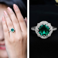 2 Carat Lab Grown Emerald Vintage Inspired Engagement Ring with Diamond