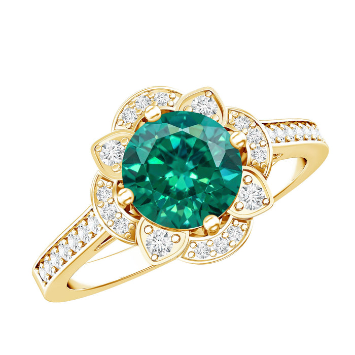 Two-carat lab-grown emerald vintage-inspired engagement ring with diamond accents by Rosec Jewels, featuring intricate design and sparkling stones.