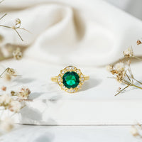 2 Carat Lab Grown Emerald Vintage Inspired Engagement Ring with Diamond