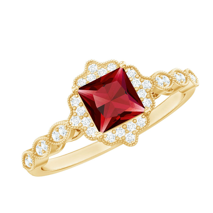 Lab-created ruby engagement ring with a square cut ruby and diamond accents, featuring a sleek band design by Rosec Jewels.