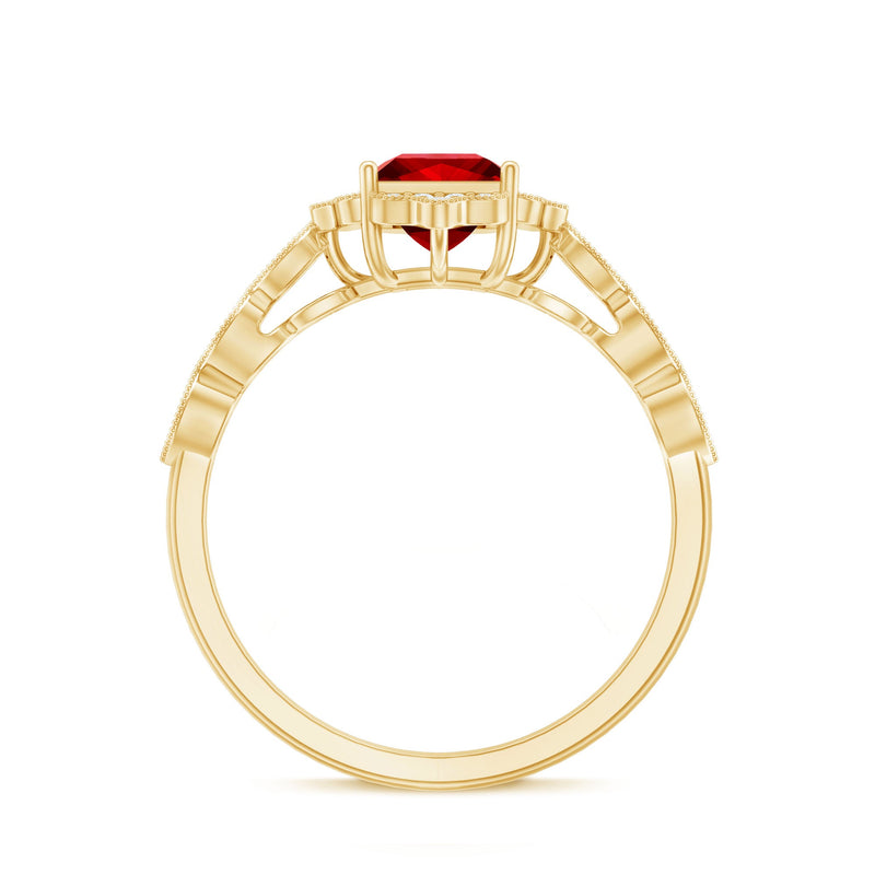 Lab-created ruby square cut engagement ring with diamond accents from Rosec Jewels, showcasing the detailed ring design.