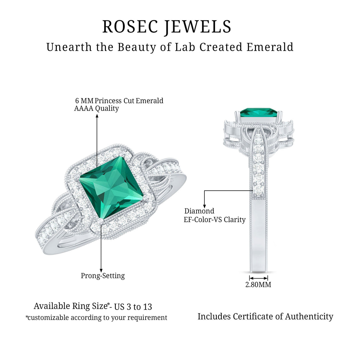Lab Grown Emerald Vintage Inspired Engagement Ring with Diamond