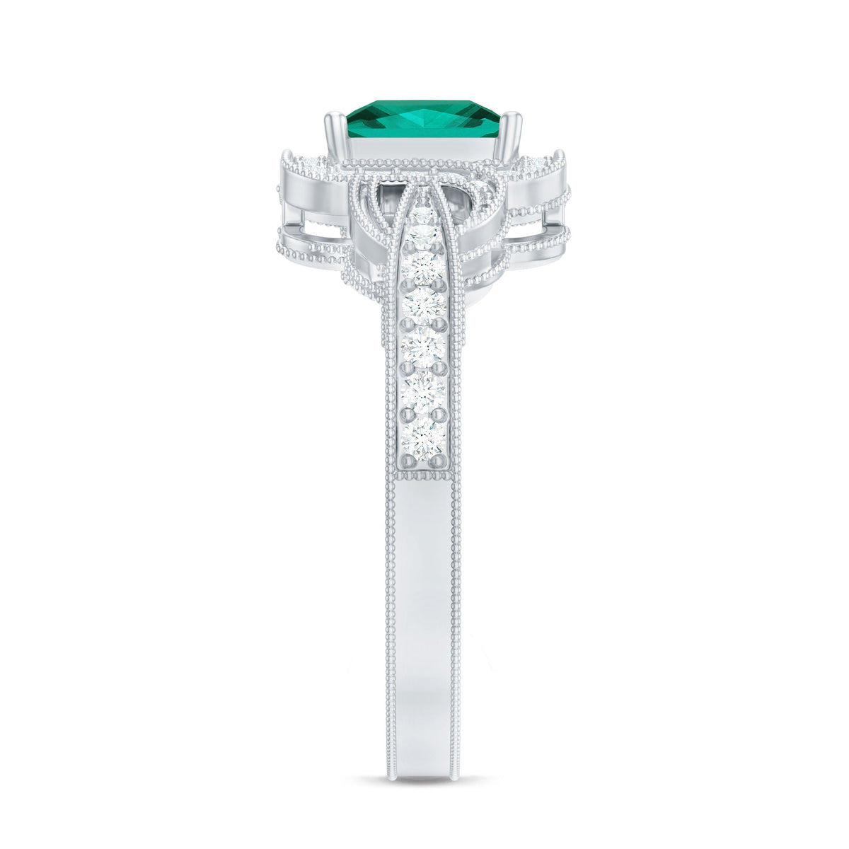Lab Grown Emerald Vintage Inspired Engagement Ring with Diamond