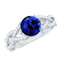 Designer 2.7 Carat Lab Grown Blue Sapphire Engagement Ring with Diamond Criss Cross Shank
