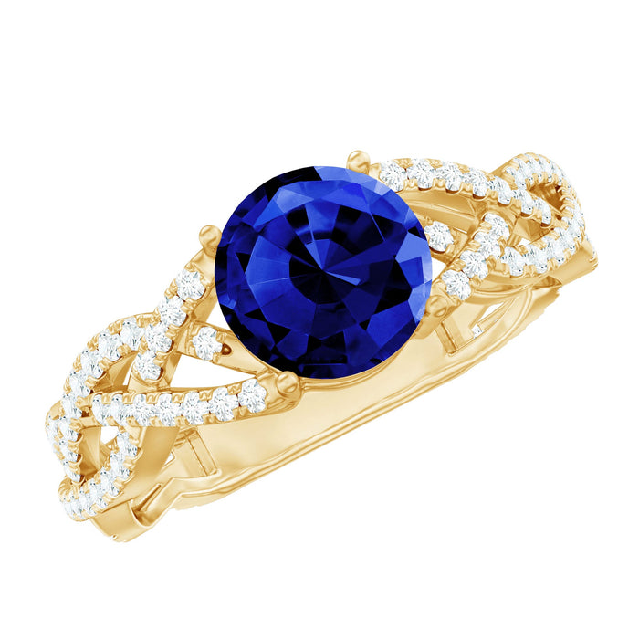 Rosec Jewels blue sapphire engagement ring with 2.7 carats, lab-grown sapphire, diamond criss-cross shank, elegant ring design