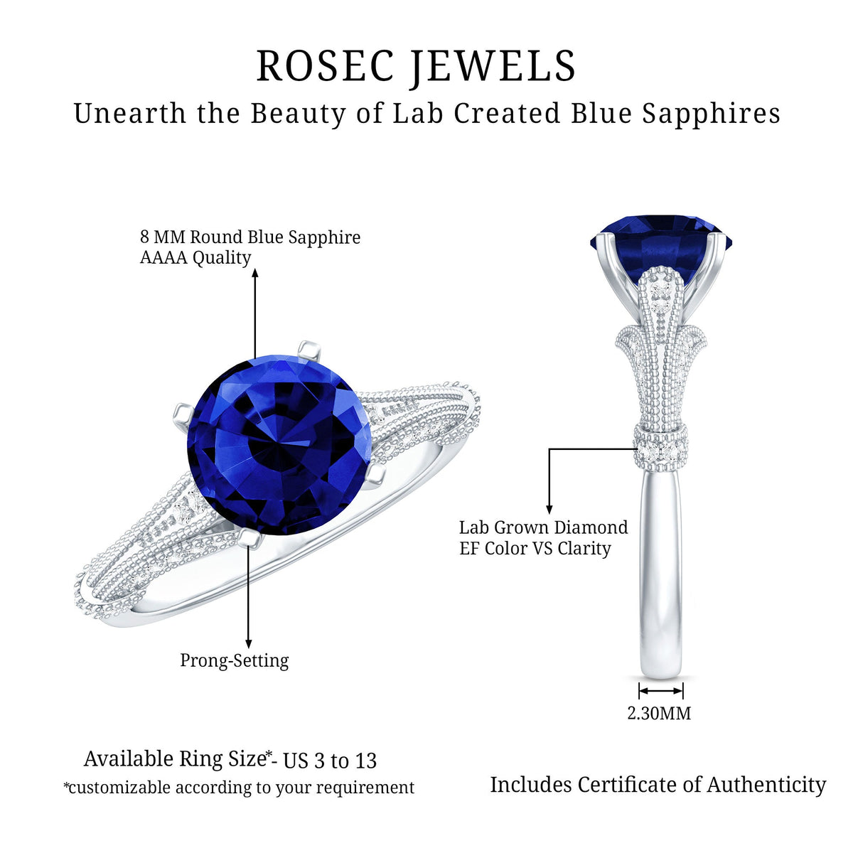 Vintage Style 2.7 Carat Lab Grown Blue Sapphire Engagement Ring with Diamond