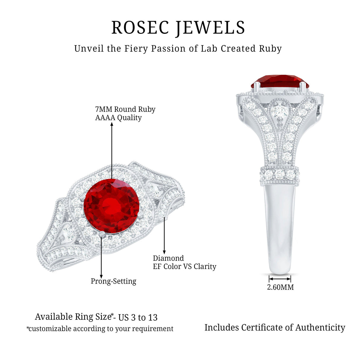 Antique Looking Lab Grown Ruby Engagement Ring with Diamond Halo