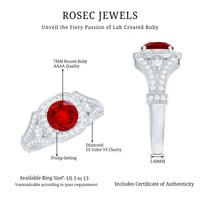Antique Looking Lab Grown Ruby Engagement Ring with Diamond Halo
