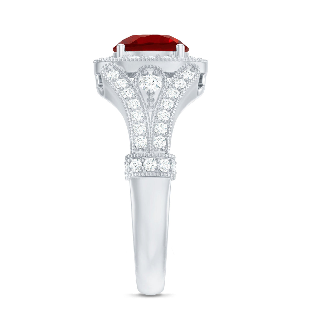 Antique Looking Lab Grown Ruby Engagement Ring with Diamond Halo